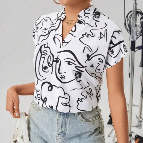 Classic Elegant Abstract Pop Art Face Print Top Blouse Shirt White - Picture 3 of 3